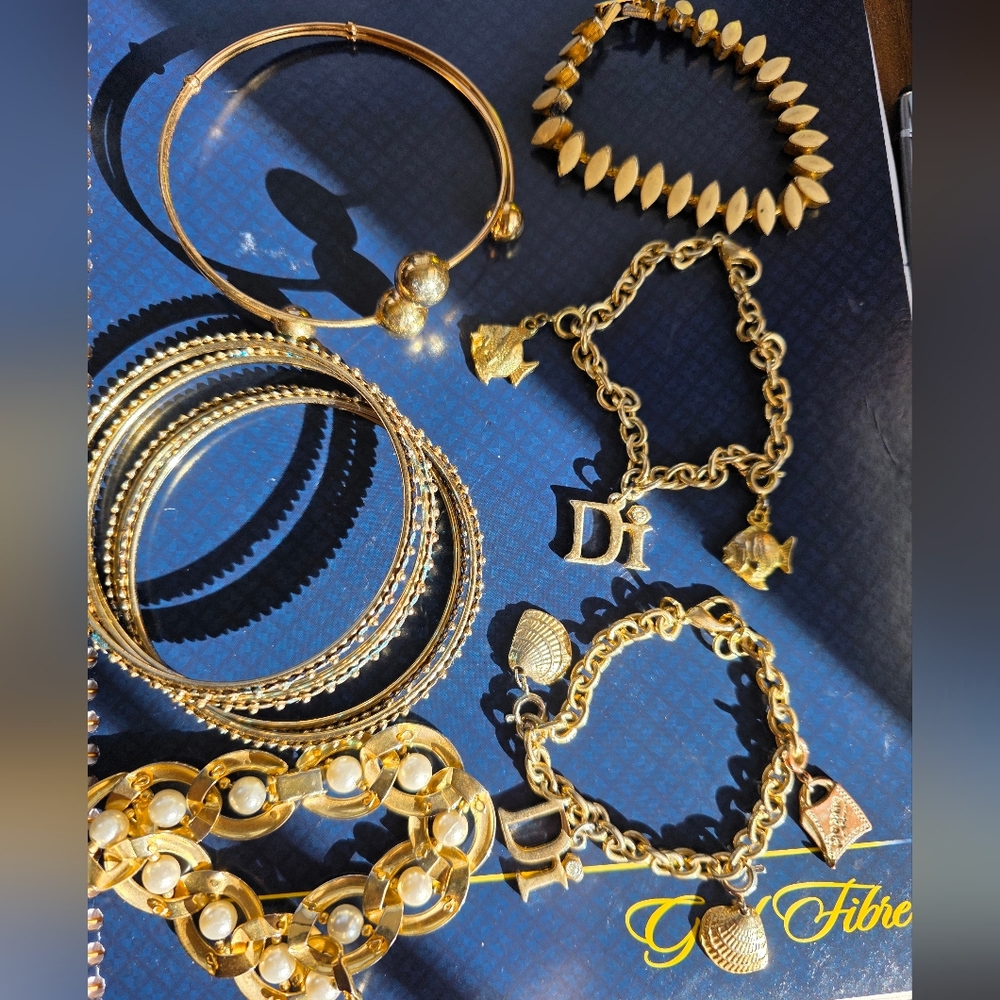 Gold-Tone Bracelet Set, Mixed Bangles And Chains, Ladies Sizes 7-8.25"